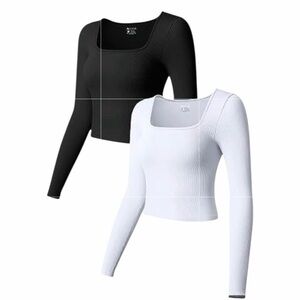 OQQ Seamless Ribbed Long Sleeve Layer Top - Pack of 2 BLACK&WHITE